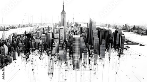 
Panoramic view of Manhattan's illuminated skyline at dusk. Urban cityscape with tall buildings and waterfront, pencil black&white style