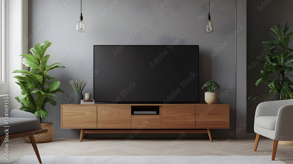 apartment with floor-to-ceiling windows, featuring a blank TV screen on a media unit apartment with floor-to-ceiling windows, featuring a blank TV screen on a media unit