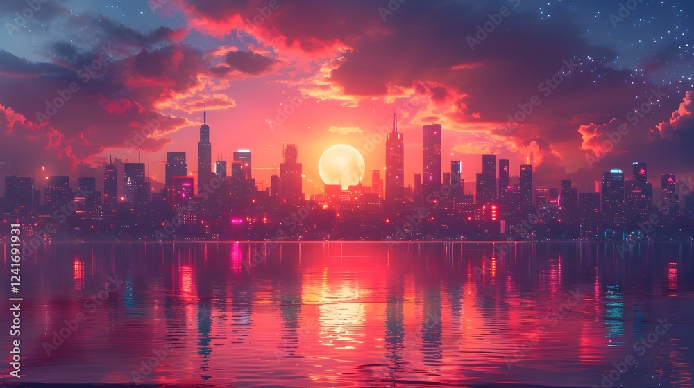 Fototapeta premium Breathtaking Futuristic City Skyline Reflecting on Glowing Lake at Dramatic Sunset
