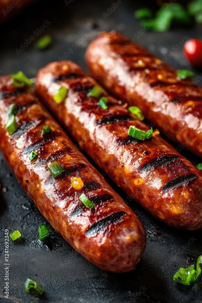 A variety of sausages arranged on a table, ready for serving or display A variety of sausages arranged on a table, ready for serving or display
