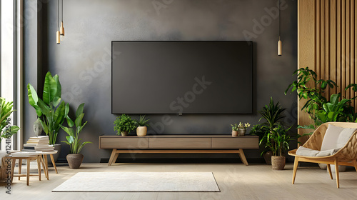 home interior with a large blank TV screen on the wall, surrounded by decorative plants 