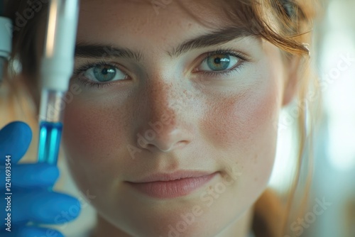 A young woman scientist carefully examines a vial of blue liquid in a lab setting. photo