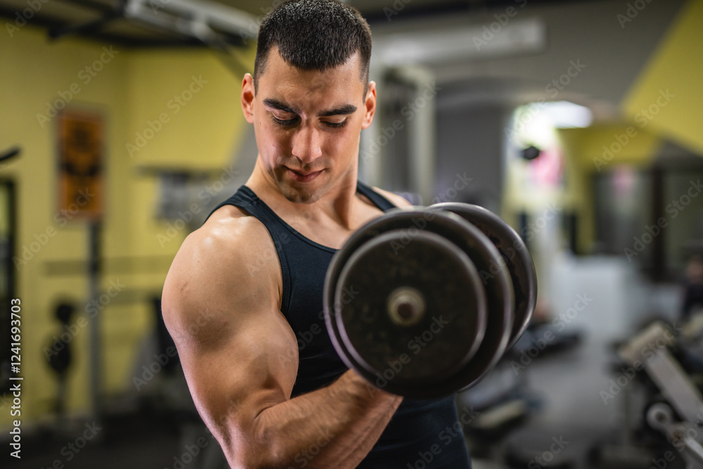 young muscular man do biceps workouts with dumbbells in gym young muscular man do biceps workouts with dumbbells in gym