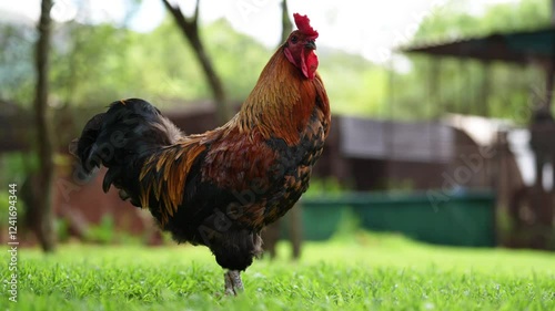 A proud cockerel struts confidently, displaying its vibrant plumage in the sunlight. Its striking colors and regal posture make for a stunning rural scene.