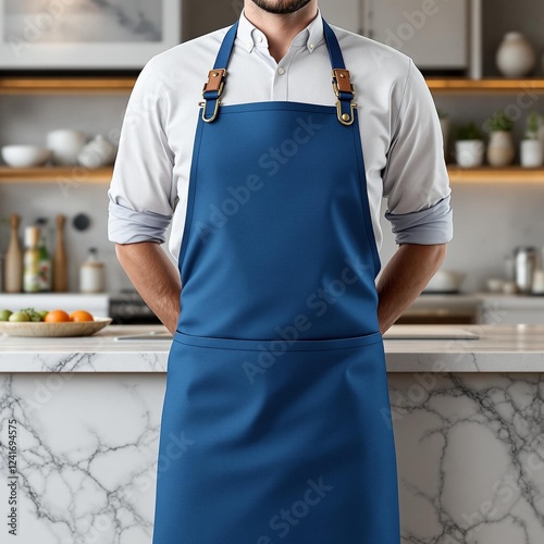 A front-view mockup of a blue apron, worn by a man standing in a high-end, marble-countertop kitchen, with space for a restaurant logo or custom branding on the apron