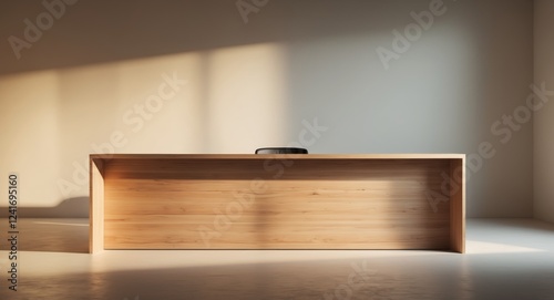 Modern Wooden Reception Desk with Warm Lighting