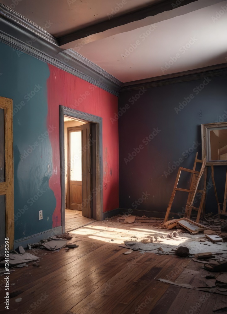 Fototapeta premium Darkened interior of a house under renovation, dark interior, unfinished space