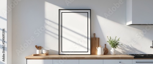 Mock up poster frame in kitchen interior with white wall on wood shelf.