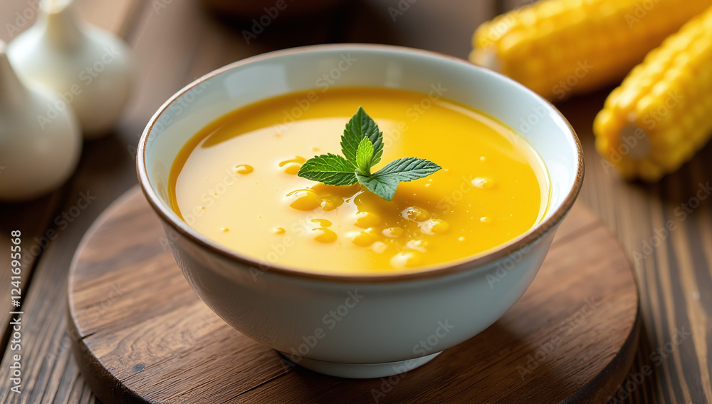 perfectly cooked sweet corn soup traditional chinese ceramic bowl wooden table surrounded pure white surroundings perfectly cooked sweet corn soup traditional chinese ceramic bowl wooden table surrounded pure white surroundings