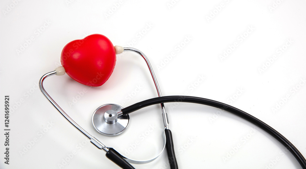 Medical stethoscope and red heart isolated on white, Health Day Medical stethoscope and red heart isolated on white, Health Day