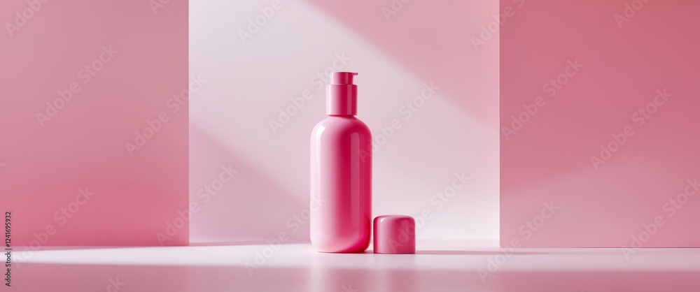 Glossy Pink Bottle with Pump Cap on Soft Pink Background. Glossy Pink Bottle with Pump Cap on Soft Pink Background.