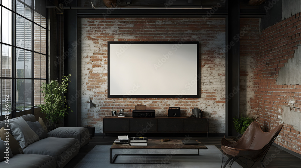 apartment with an industrial design, featuring a blank TV screen on an exposed brick wall apartment with an industrial design, featuring a blank TV screen on an exposed brick wall
