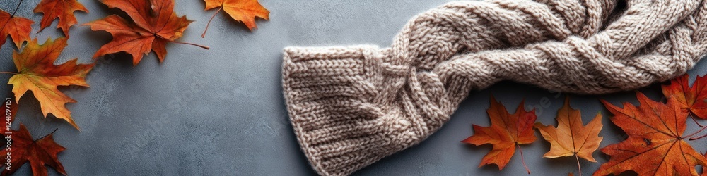 A pair of hand-knitted accessories on a blue background A pair of hand-knitted accessories on a blue background