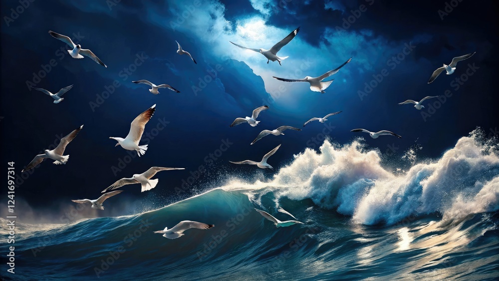 Dark navy blue background with scattered waves and seagulls flying overhead, sailing, navy blue, sailboat, ocean waves Dark navy blue background with scattered waves and seagulls flying overhead, sailing, navy blue, sailboat, ocean waves