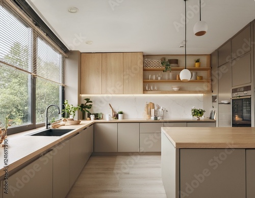 Una cuidada cocina minimalista con ventana que entra luz desde el exterior y un interior acogedor para los amantes de la fotografía.