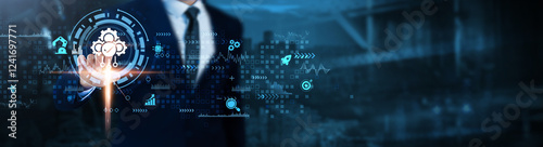 Automation: Artificial intelligence, machine learning, workflow optimization, robotics, process efficiency, data integration, smart systems, Businessman analyzes real-time technological data.
