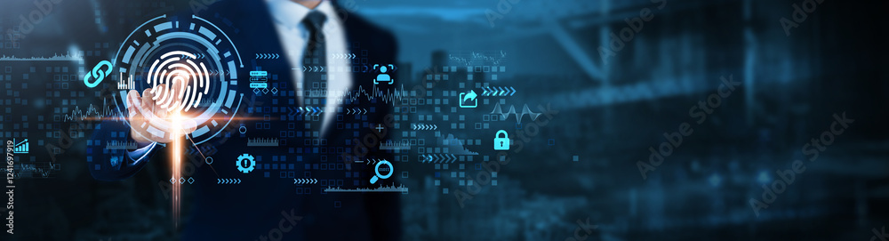 Biometric Security: Authentication, fingerprint recognition, facial recognition, access control, identity verification, encryption, personal data, Businessman analyses biometric technological data. Biometric Security: Authentication, fingerprint recognition, facial recognition, access control, identity verification, encryption, personal data, Businessman analyses biometric technological data.