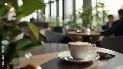 Wallpaper Mural A white coffee cup with a white saucer sits on a table in a cafe. The cup is filled with coffee and has a small amount of foam on top. The scene is set in a cafe with a few other tables and chairs Torontodigital.ca