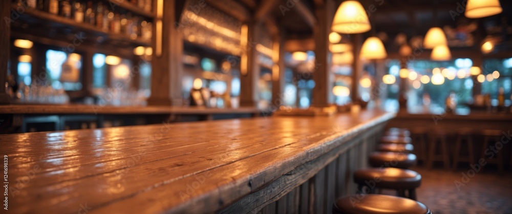 Rustic wooden bar counter illuminated by warm lights in a lively tavern setting during the evening hours. Rustic wooden bar counter illuminated by warm lights in a lively tavern setting during the evening hours.