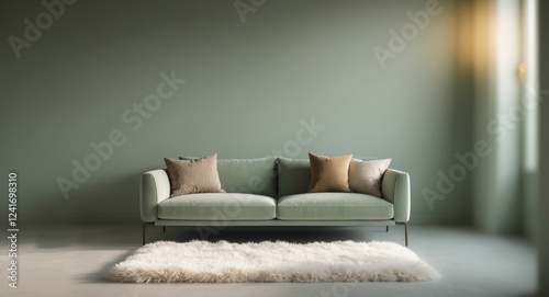 Sage Green Living Room Decor Featuring Fluffy Rug and Sofa. photo