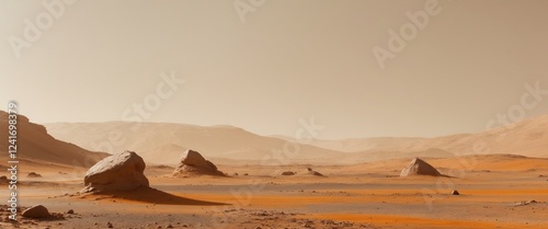 Rugged Martian Landscape with Orange Rocks and Dusty Atmosphere.