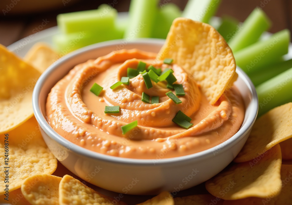 rich creamy dip served celery tortilla chips featuring buffalo chicken rich creamy dip served celery tortilla chips featuring buffalo chicken
