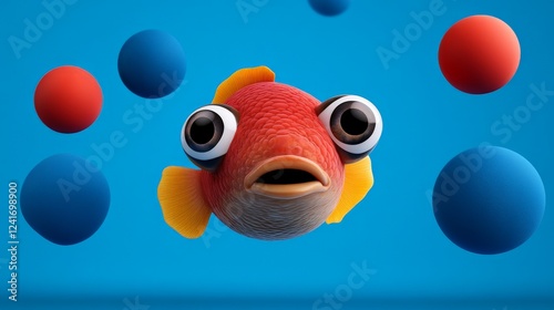 Surprized Fish: A cartoon-like red fish with big eyes and a surprised expression swims among colorful spheres in a bright blue aquatic environment. photo