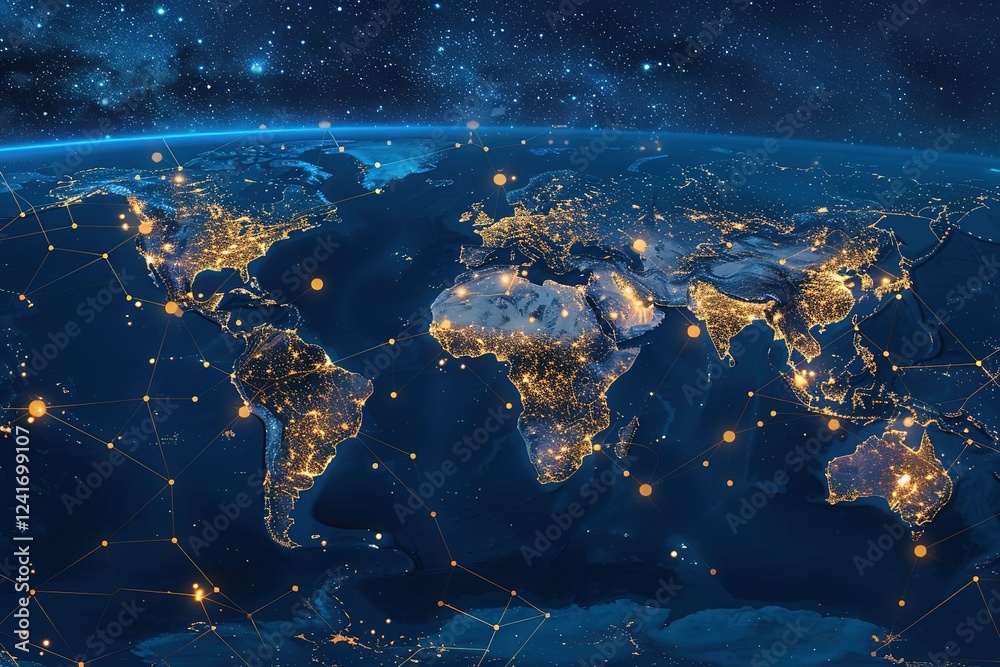 seamless pattern flat illustration style, world map Planet Earth at night seen from space showing North America, South America, Europe, Africa, Asia and the Middle East connected 