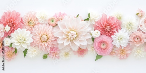 Beautiful pastel flowers, including dahlias and ranunculus, arranged in a soft and delicate composition on a white background.
