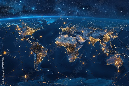 seamless pattern flat illustration style, world map Planet Earth at night seen from space showing North America, South America, Europe, Africa, Asia and the Middle East connected 