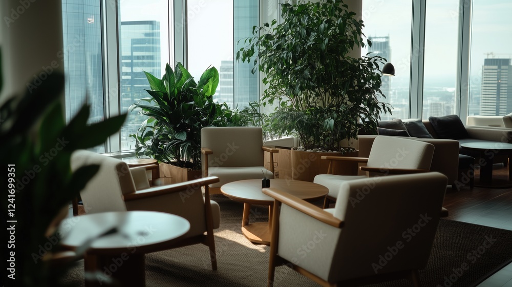 Fototapeta premium A room with a lot of chairs and a table with a potted plant in the middle. The chairs are arranged in a circle around the table