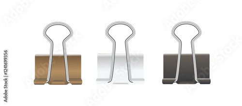 Realistic paper clips. Black white gold silver binder clip, paper holder. Vector