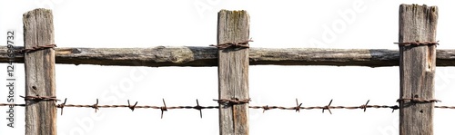 Rustic wooden fence with barbed wire against white