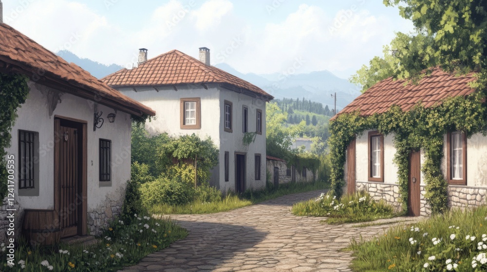 Sunny village street, stone path, mountain view, idyllic rural scene, postcard Sunny village street, stone path, mountain view, idyllic rural scene, postcard