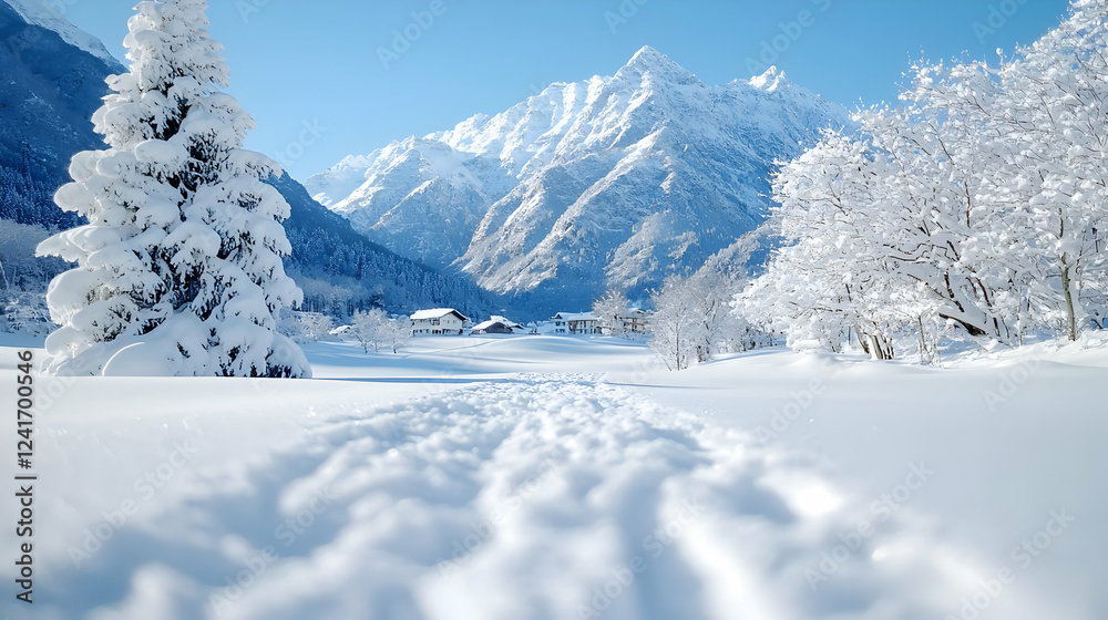 Obraz premium Snowy mountain valley winter path; village background