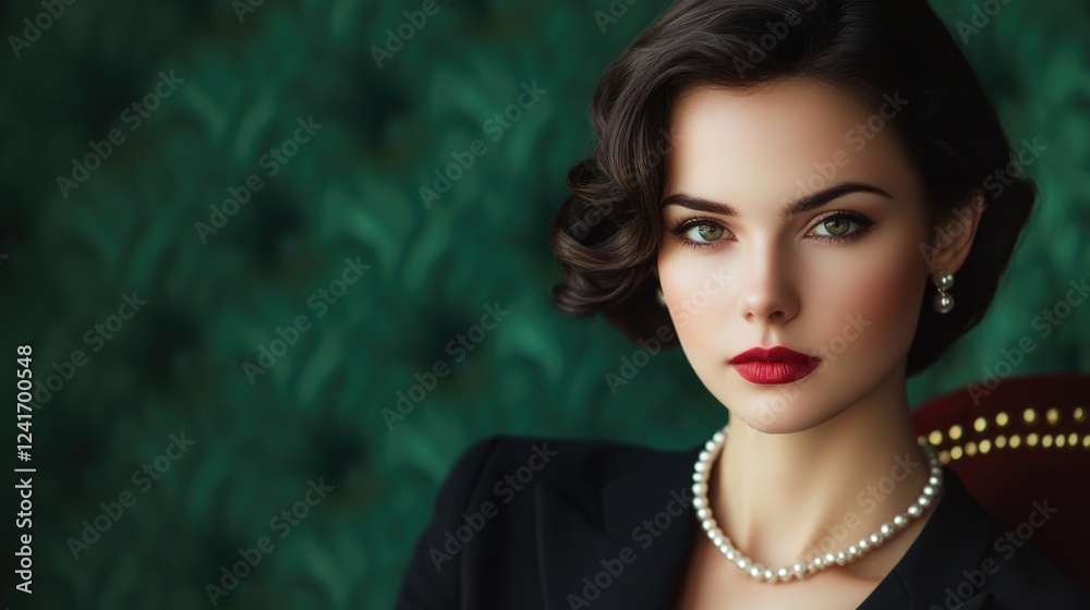 Elegant businesswoman with dark wavy hair and red lipstick displaying confidence, adorned with pearls, against a rich emerald green background. Elegant businesswoman with dark wavy hair and red lipstick displaying confidence, adorned with pearls, against a rich emerald green background.