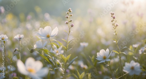 Close up wild flowers meadow blossom landscape