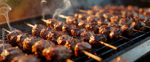 Closeup of Juicy Grilled Kebabs on a Hot Grill.