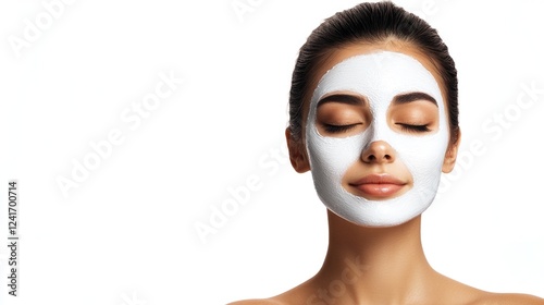 Young Asian woman with smooth skin applying facial mask for skincare treatment on white background, beauty and wellness concept, serene expression