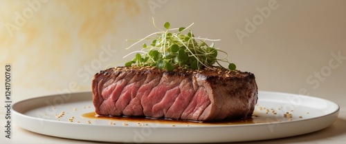 Close up of a medium rare steak in restaurant photo