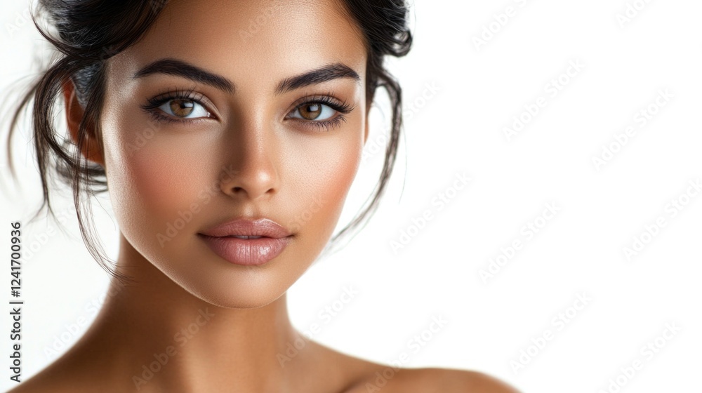 Fototapeta premium Radiant young Asian woman with fresh clean skin and natural makeup on bright white background showcasing beauty and skincare with soft lighting.