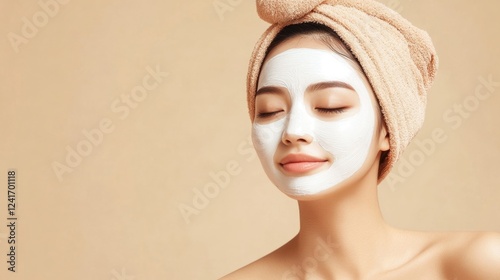 Young Asian woman with clean fresh skin applying facial treatment with white mask, smiling serenely on beige background, wellness and beauty spa concept
