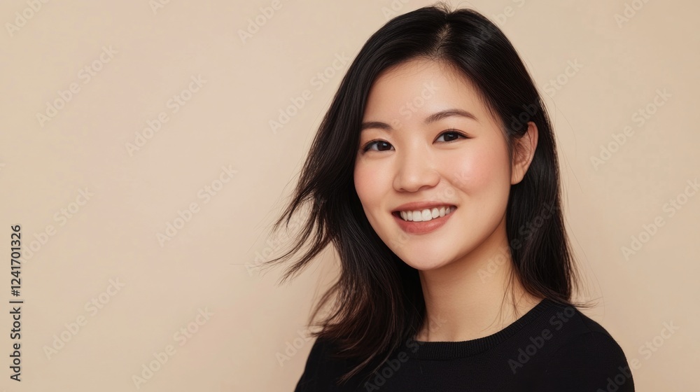 Smiling Asian woman with clear skin and flowing black hair on soft beige background, showcasing beauty and skincare expertise in studio setting. Smiling Asian woman with clear skin and flowing black hair on soft beige background, showcasing beauty and skincare expertise in studio setting.