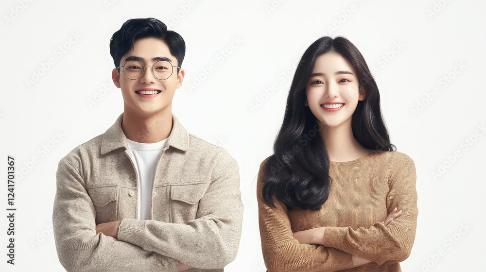 young smiling chinese or japanese woman and man in stylish casual clothes on white background, china, family, couple in love, asians young smiling chinese or japanese woman and man in stylish casual clothes on white background, china, family, couple in love, asians