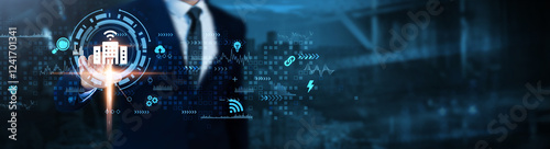 Smart Building: Innovation, automation, sustainability, efficiency, connectivity, smart systems, architecture, Businessman analyzes advanced technological data.