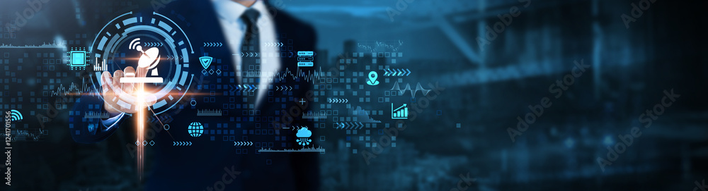 Fototapeta premium Telecommunications: Network infrastructure, data transmission, wireless connectivity, signal processing, digital communication, broadband technology, Businessman analyzes real-time technological data.