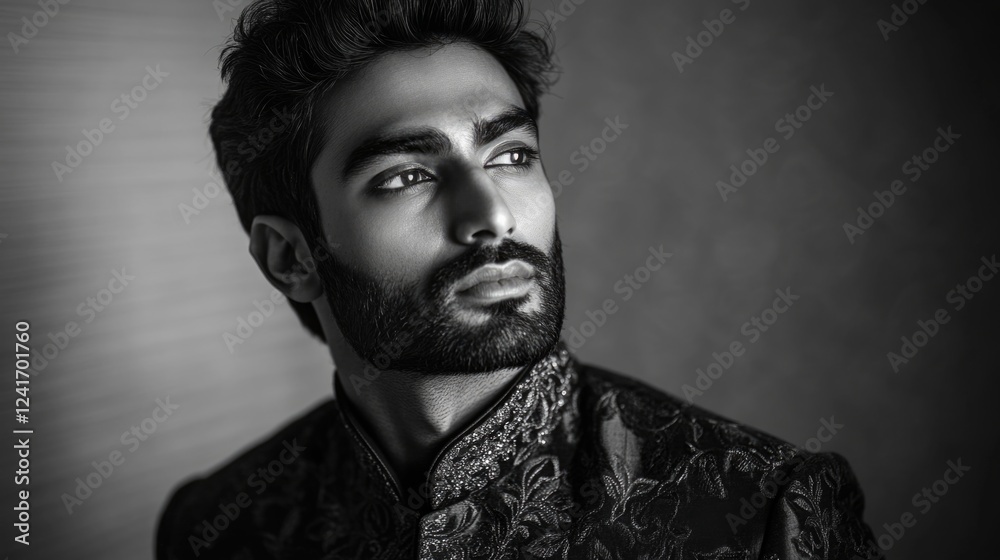 Fototapeta premium Elegant grayscale portrait of a handsome South Asian man wearing an ornate traditional outfit, set against a softly textured background.