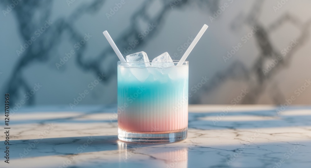 A Refreshing Layered Drink with Blue and Pink Hues and Two Straws on a Marble Surface A Refreshing Layered Drink with Blue and Pink Hues and Two Straws on a Marble Surface