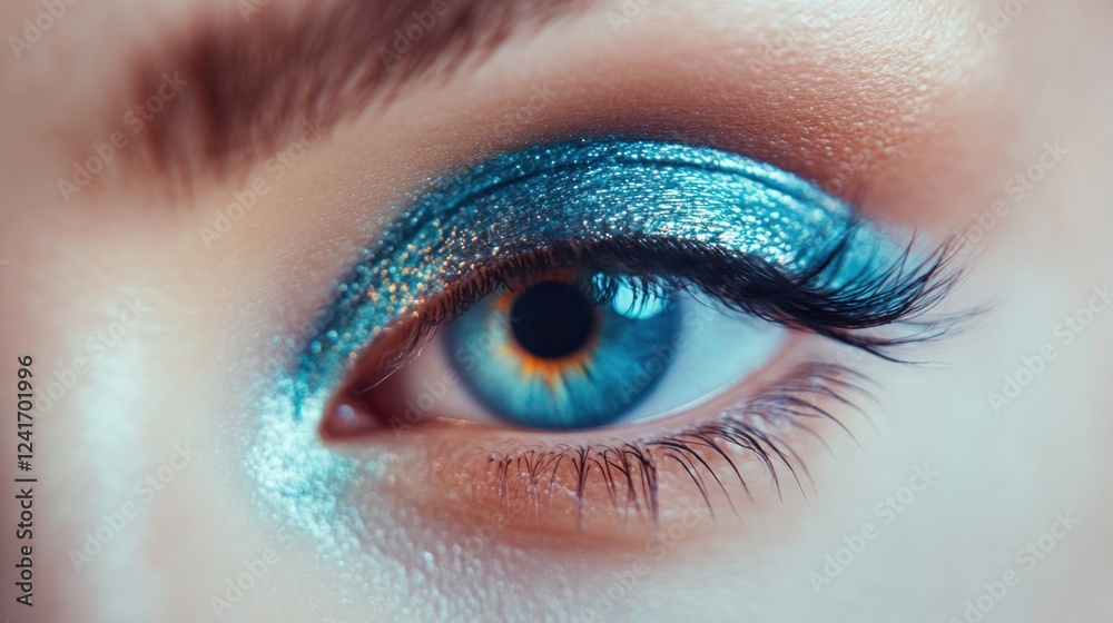 Obraz premium Close-up of Woman's Eye with Long Blue Ombre Eyelash Extensions and Sparkling Blue Eyeshadow Featuring Vibrant Color Contrast and Selective Focus