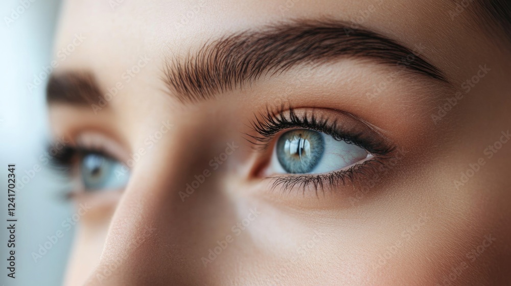 Obraz premium Close-up of beautiful young womanâ€™s eyes with eyelash extensions and perfect skin in beauty salon natural lighting showcasing skincare and cosmetology treatments